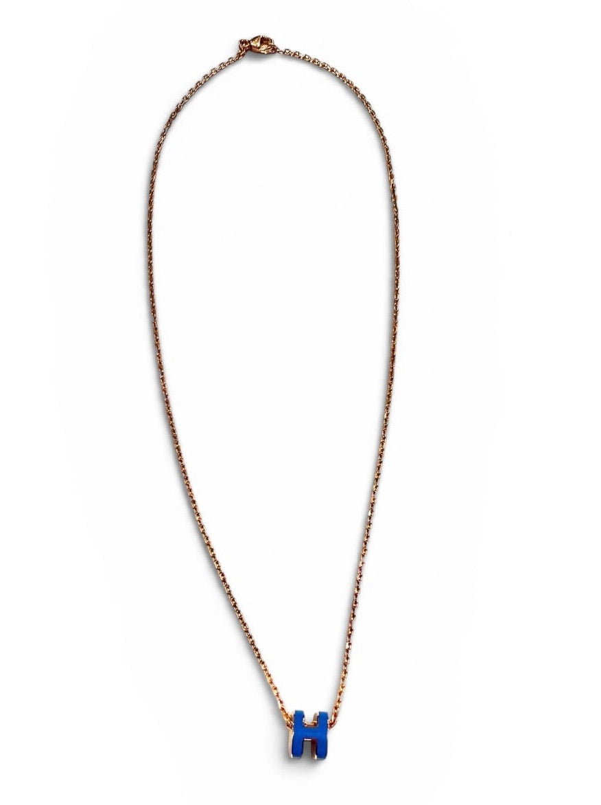 Hermès Mini Pop H Blue Enamel Gold-Tone Pendant Necklace