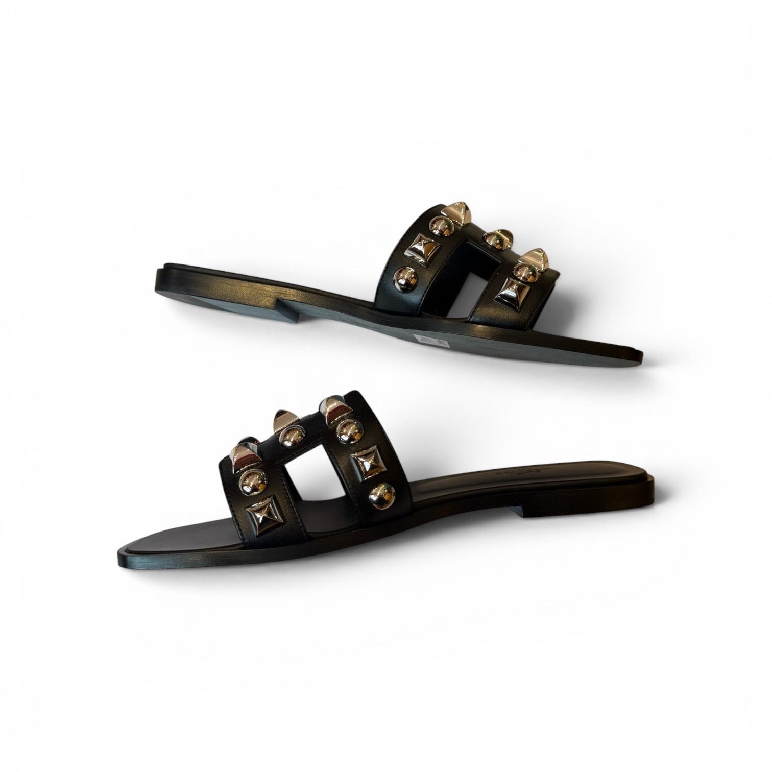 Hermès Oran Black Leather Studded Sandals