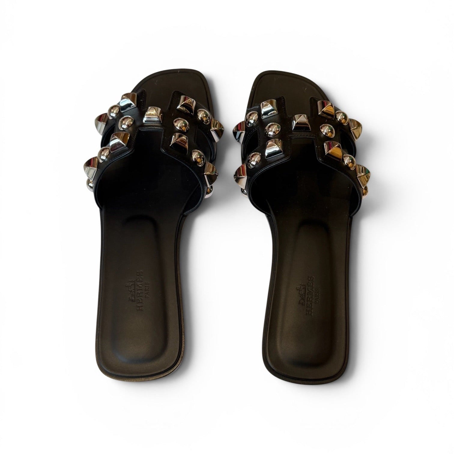 Hermès Oran Black Leather Studded Sandals