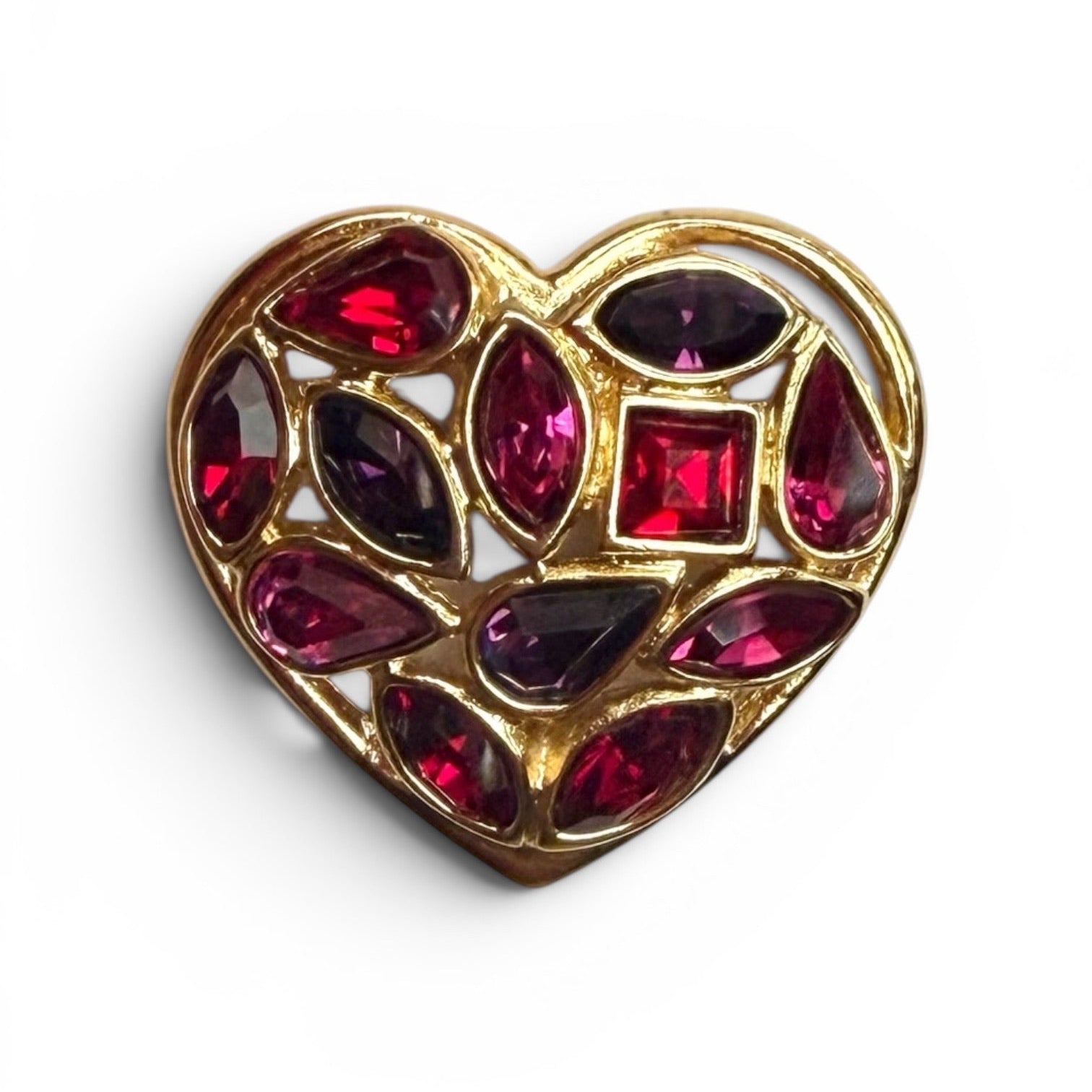 Yves Saint Laurent Gold-Tone Multicolor Crystal Heart Brooch