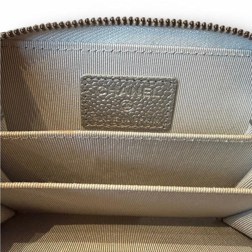 Chanel Silver Metallic Caviar Zip Coin Purse