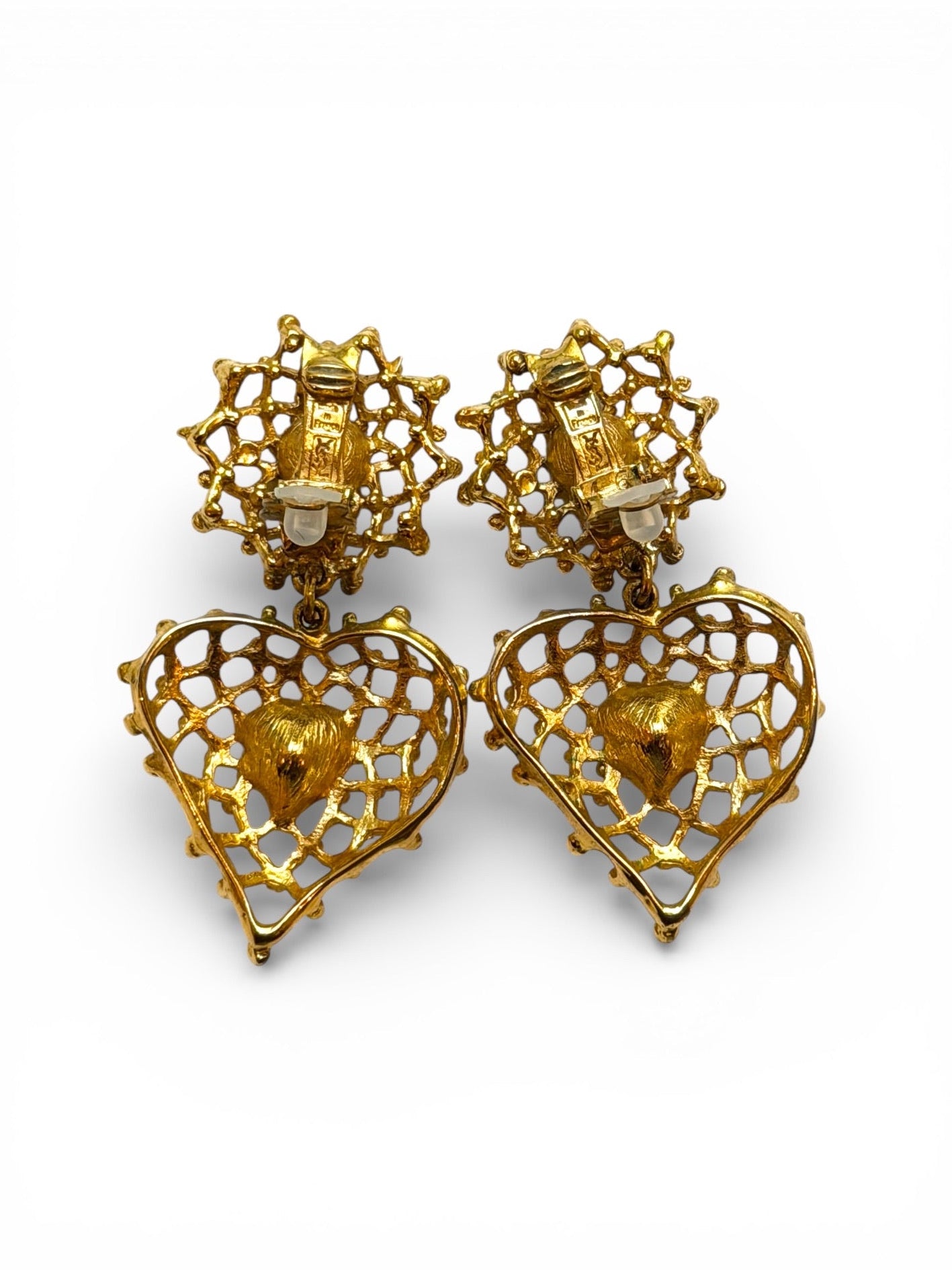 Vintage Yves Saint Laurent Gold-Tone Openwork Heart Crystal Drop Clip Earrings