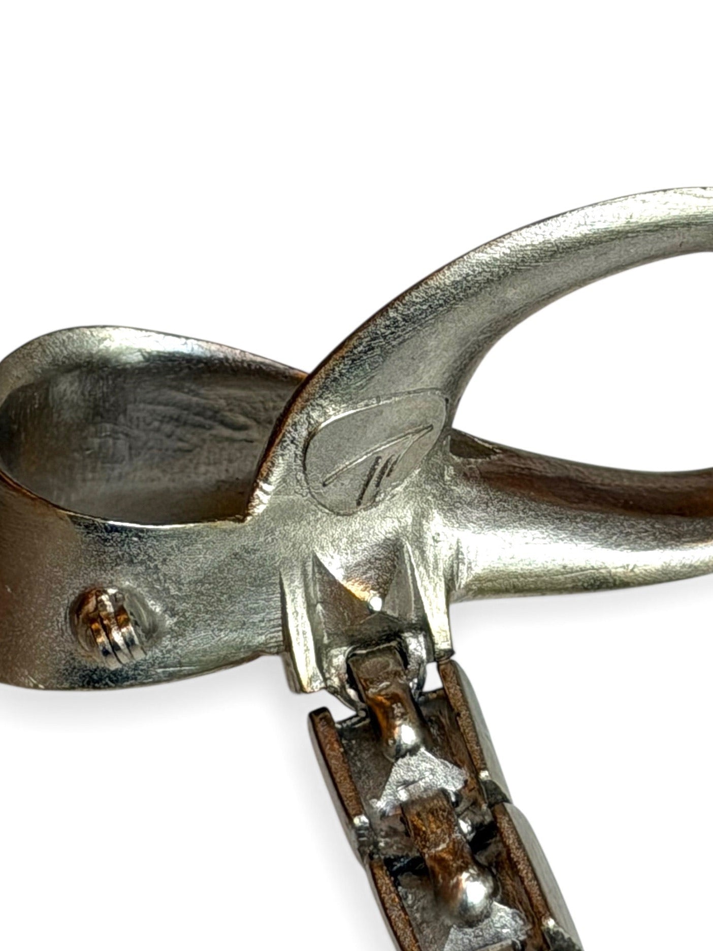 Vintage Thierry Mugler Silver-Tone Ribbon Brooch with Champagne Crystal Drop