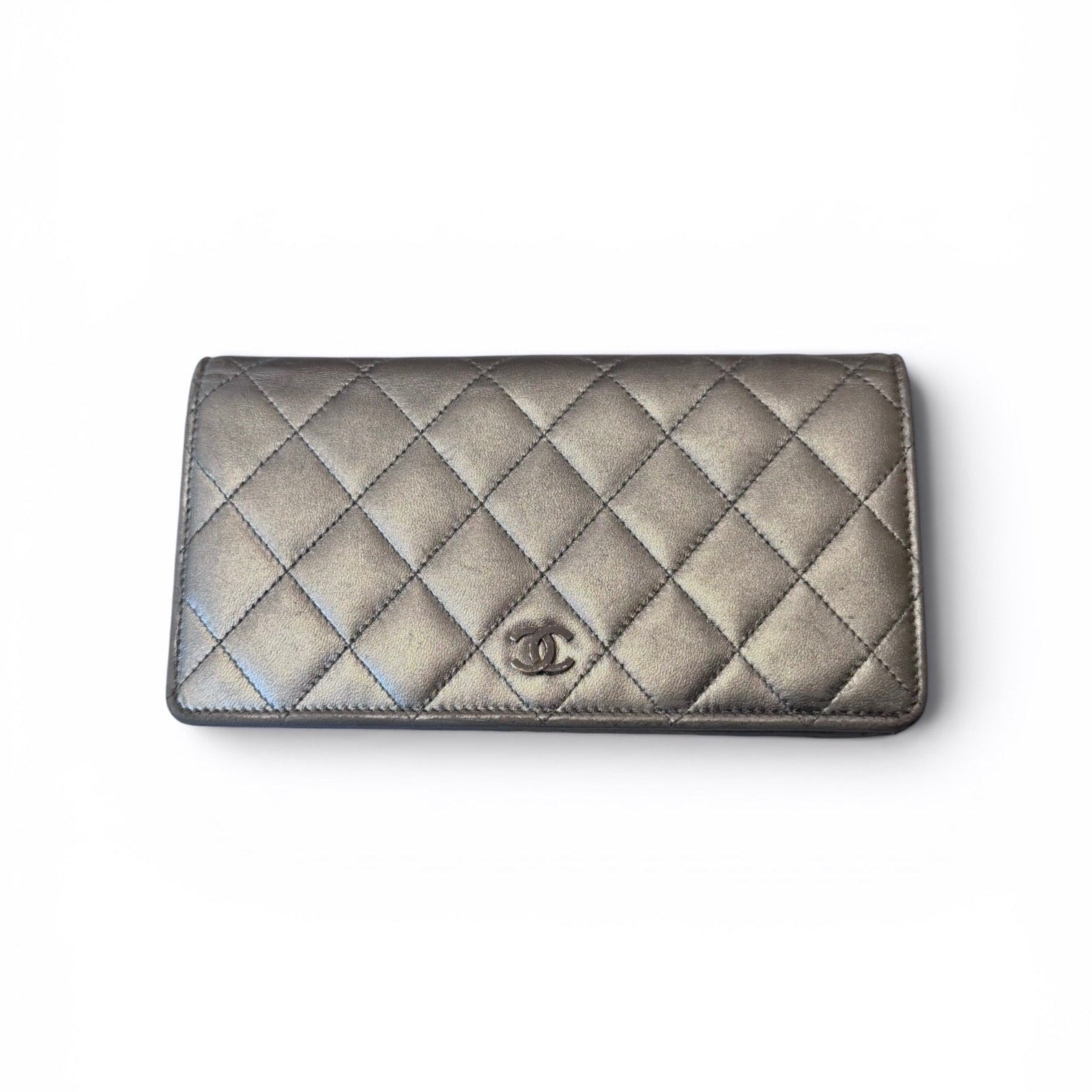 Chanel Gunmetal Metallic Quilted Long Wallet