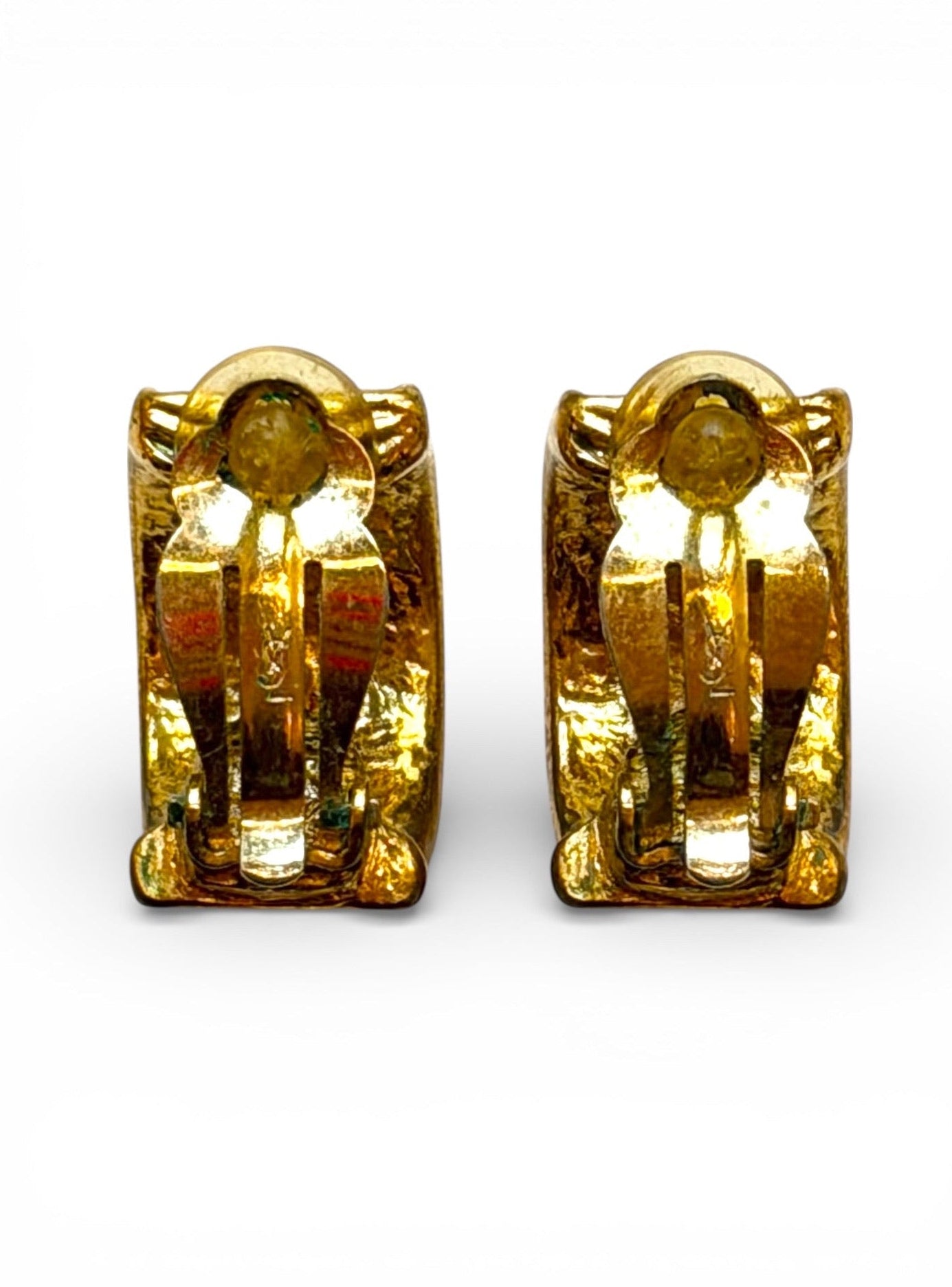 Vintage Yves Saint Laurent Hammered Gold Half-Hoop Studded Clip Earrings