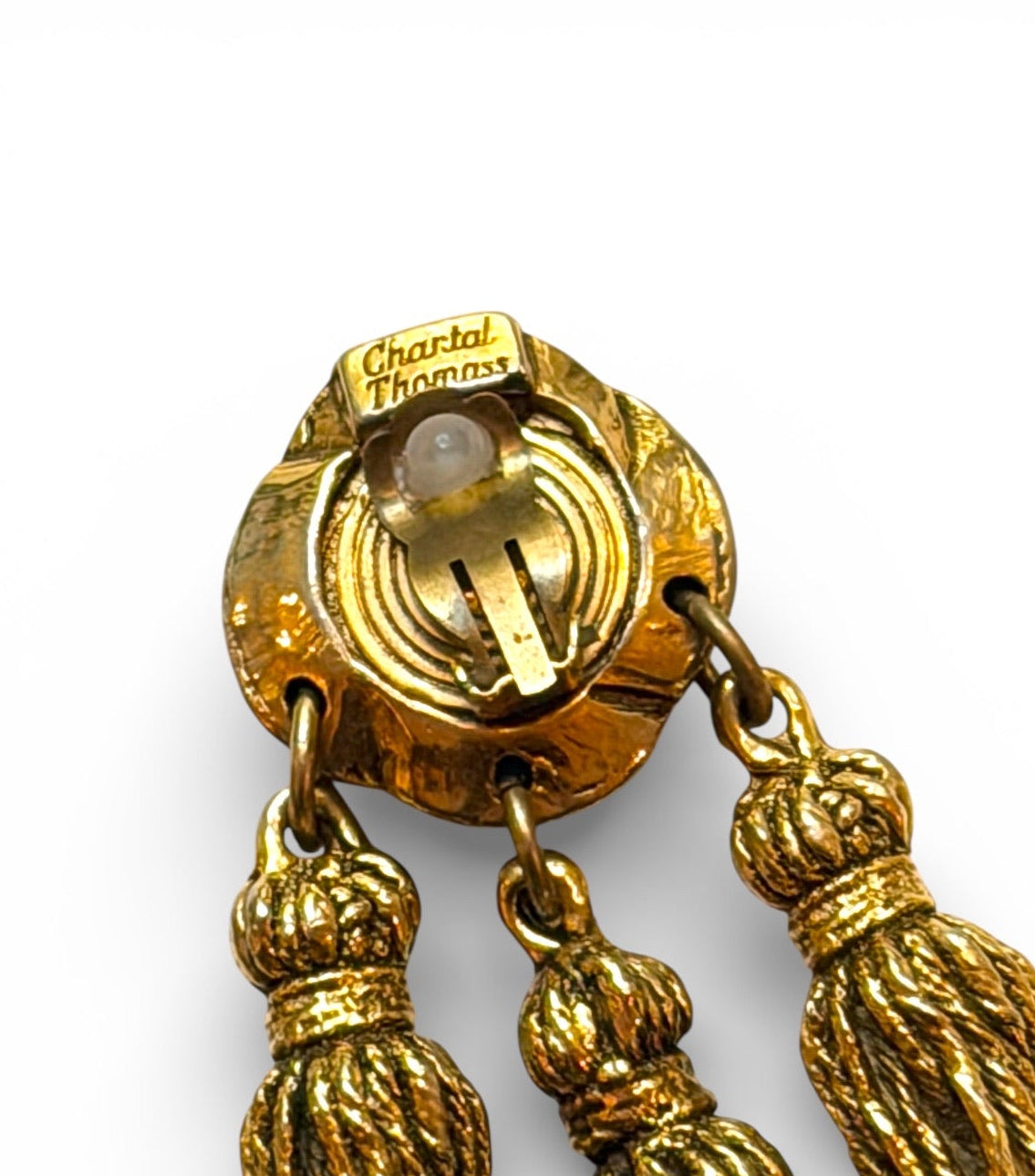 Vintage Chantal Thomass Gold-Tone Rope Knot Triple Tassel Clip Earrings