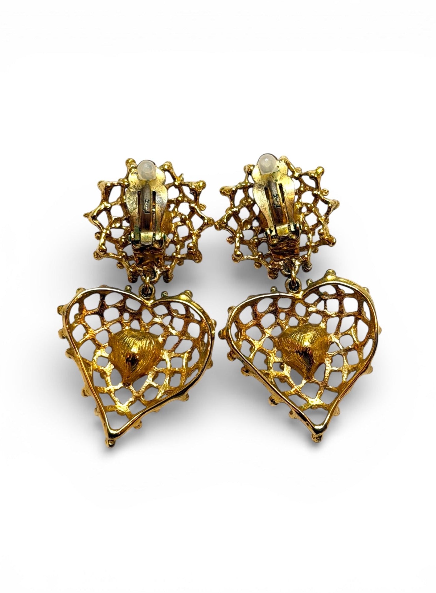 Vintage Yves Saint Laurent Gold-Tone Openwork Heart Crystal Drop Clip Earrings