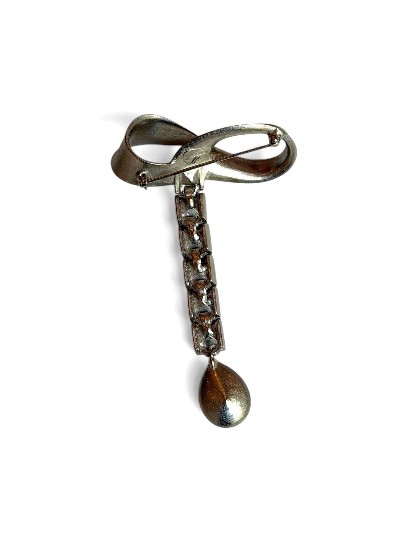 Vintage Thierry Mugler Silver-Tone Ribbon Brooch with Champagne Crystal Drop