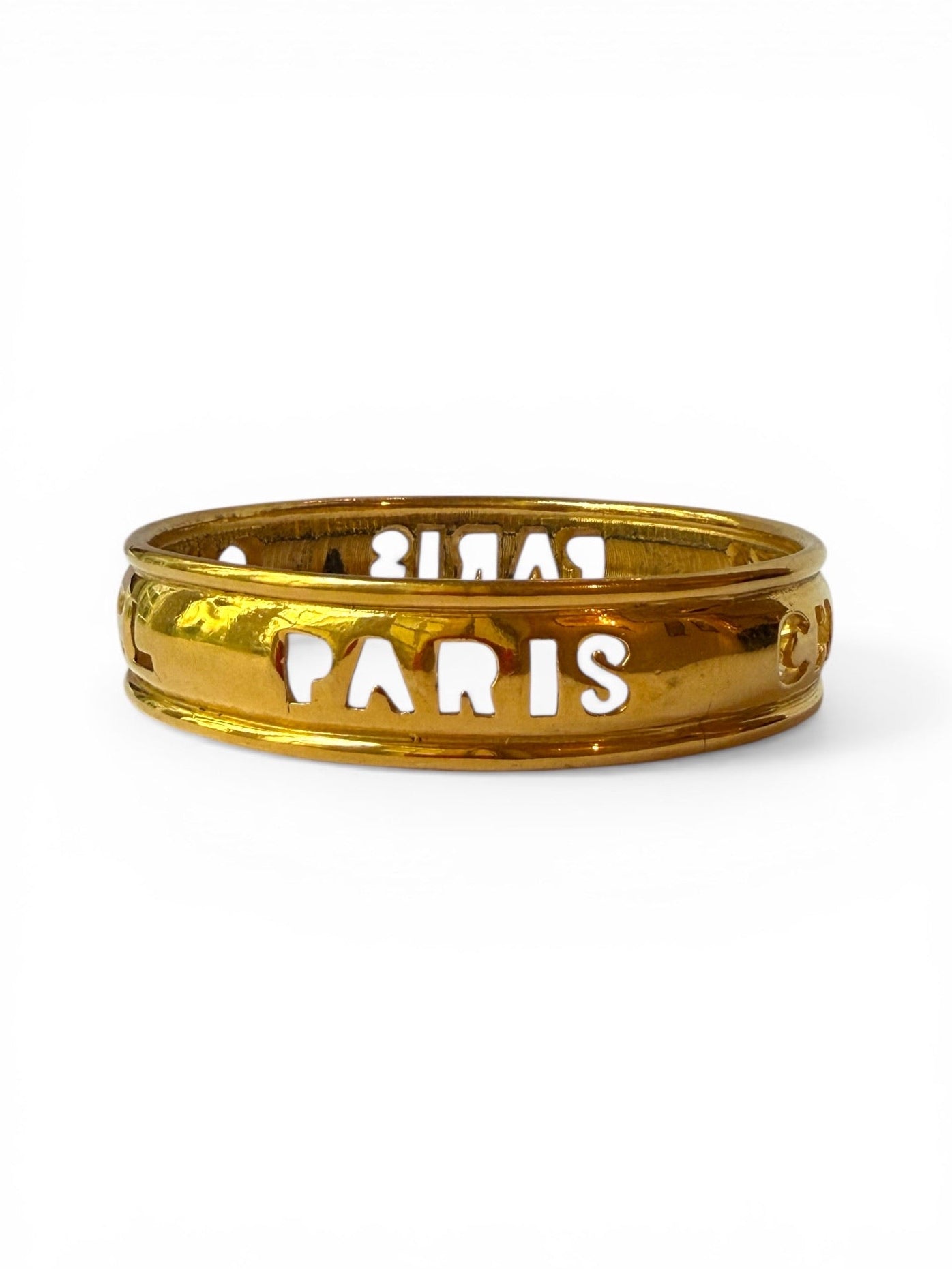 Vintage Chanel Gold-Tone "CHANEL PARIS" Openwork Bangle