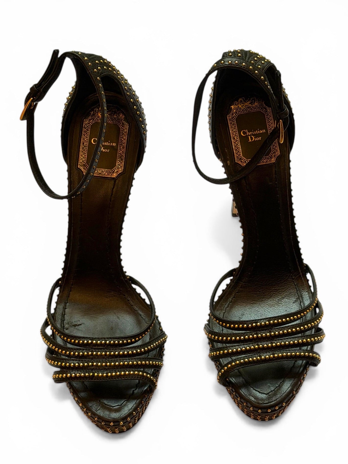 Vintage Christian Dior Black Leather Gold Studded Strappy Platform Sandals
