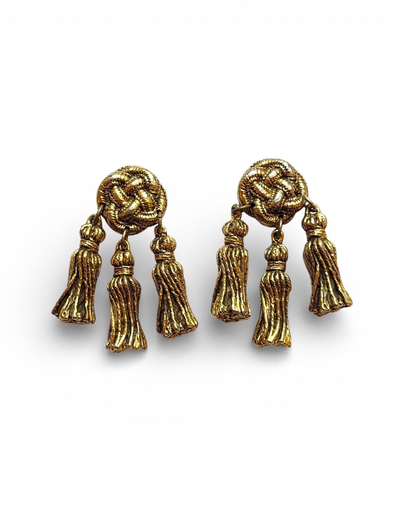 Vintage Chantal Thomass Gold-Tone Rope Knot Triple Tassel Clip Earrings