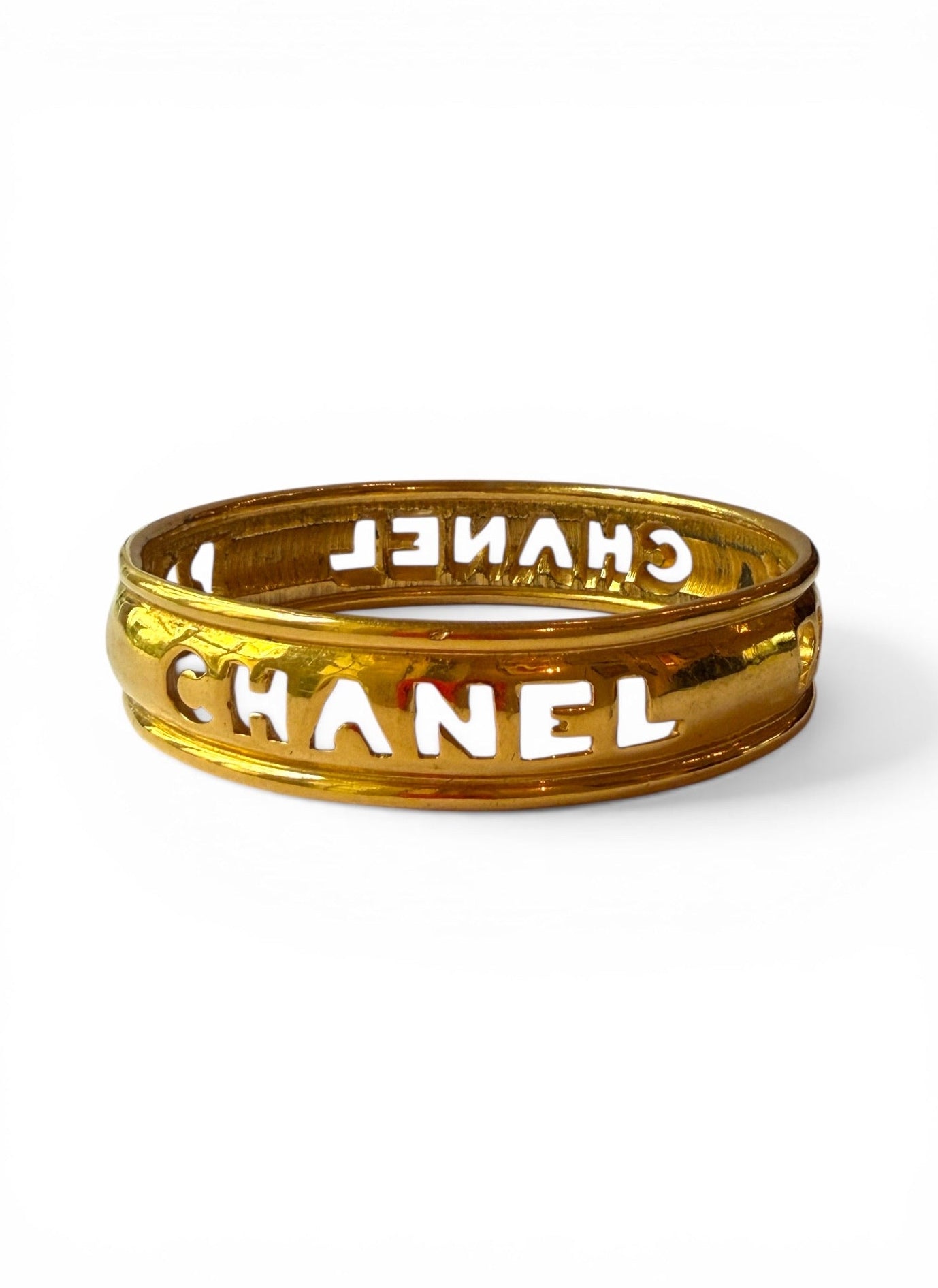 Vintage Chanel Gold-Tone "CHANEL PARIS" Openwork Bangle
