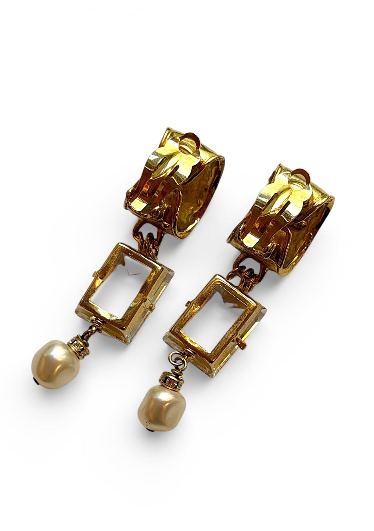 Vintage Gold-tone Pearl & Crystal Drop Clip Earrings