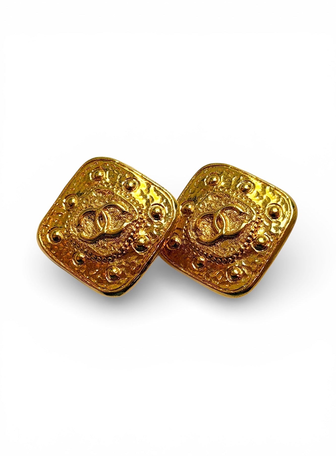Vintage Chanel CC Hammered Gold Square Clip Earrings