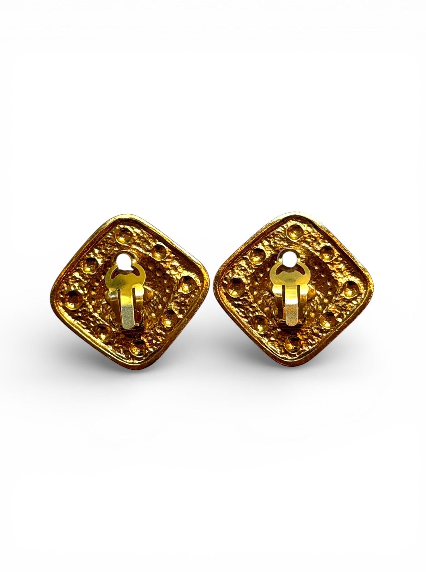 Vintage Chanel CC Hammered Gold Square Clip Earrings