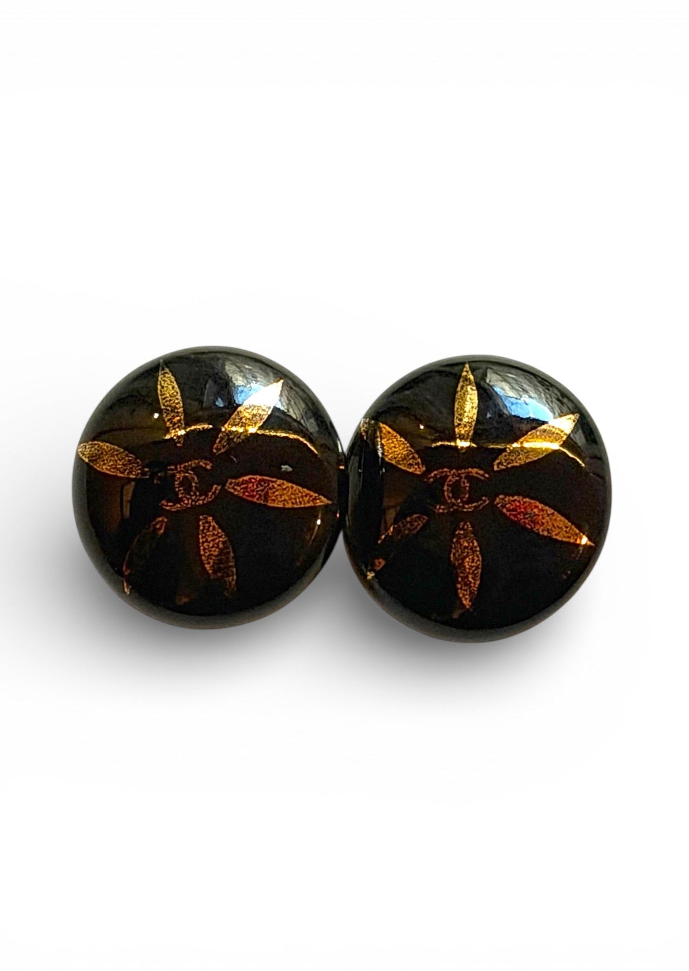 Vintage Chanel 97P Black Resin CC Flower Dome Clip Earrings