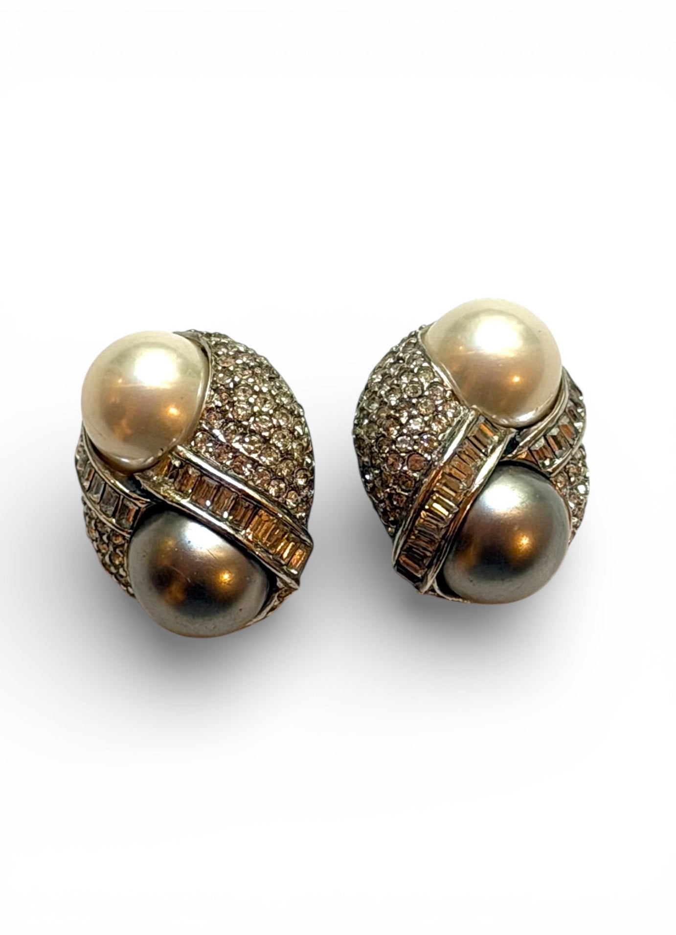 Vintage Ciner Dual Pearl & Crystal Pavé Clip Earrings