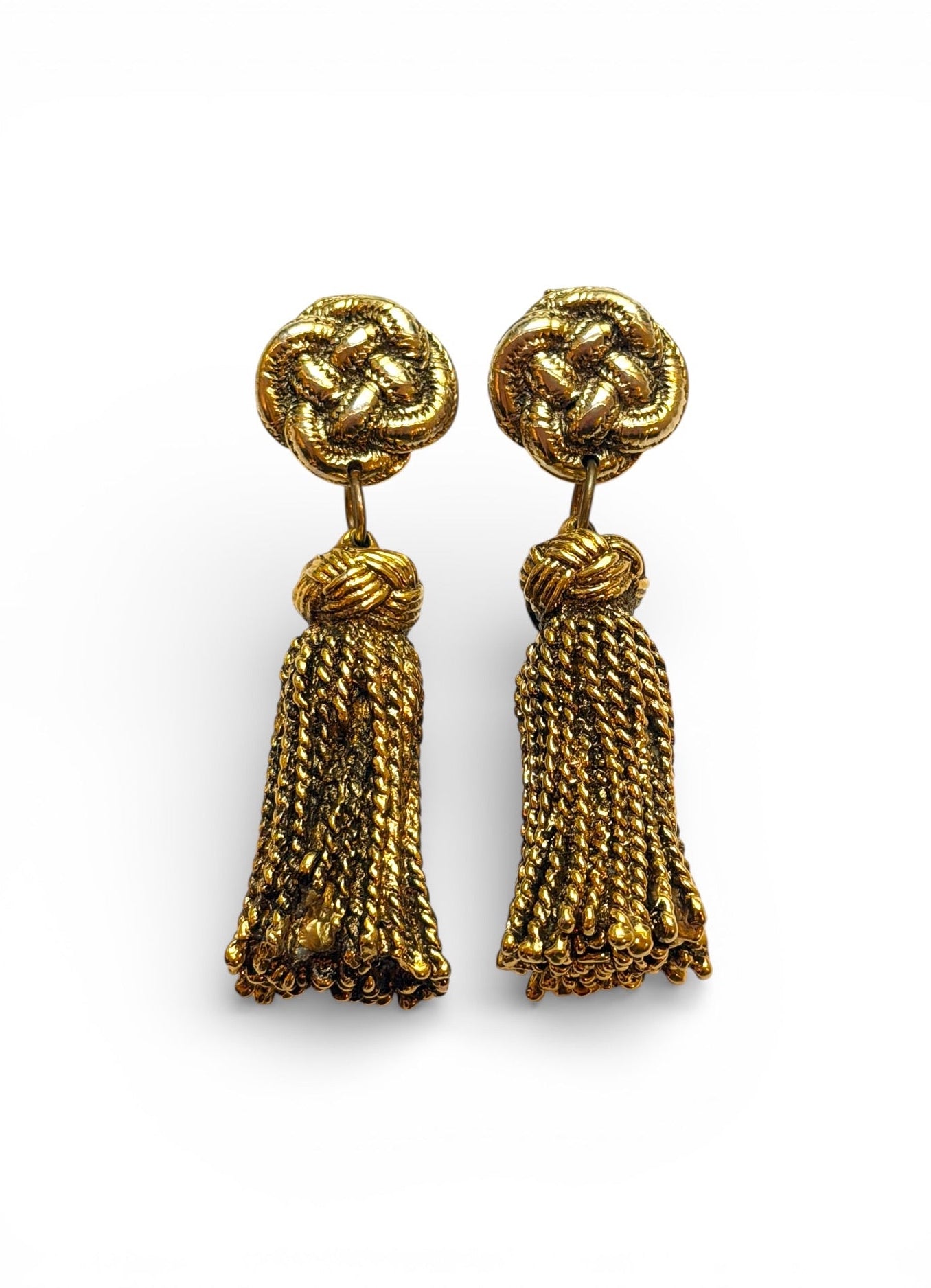 Vintage Chantal Thomass Gold-Tone Rope Knot Tassel Clip Earrings