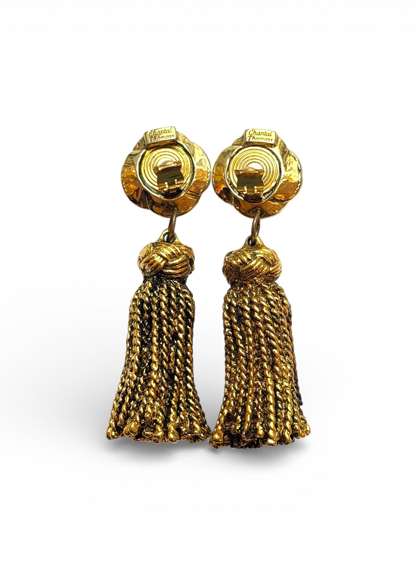 Vintage Chantal Thomass Gold-Tone Rope Knot Tassel Clip Earrings