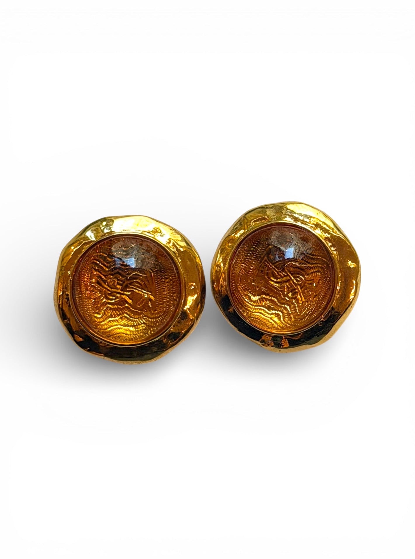 Vintage Yves Saint Laurent Amber Glass Intaglio Clip Earrings