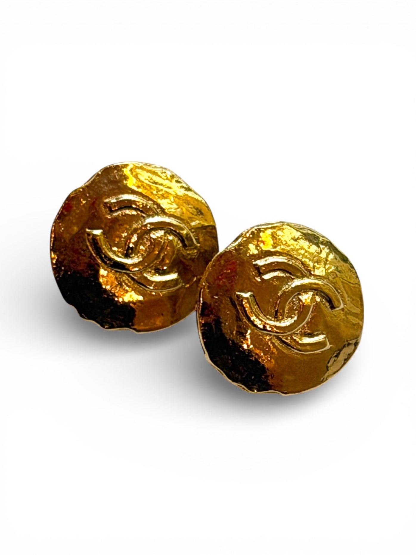 Vintage Chanel Hammered Gold CC Dome Clip Earrings