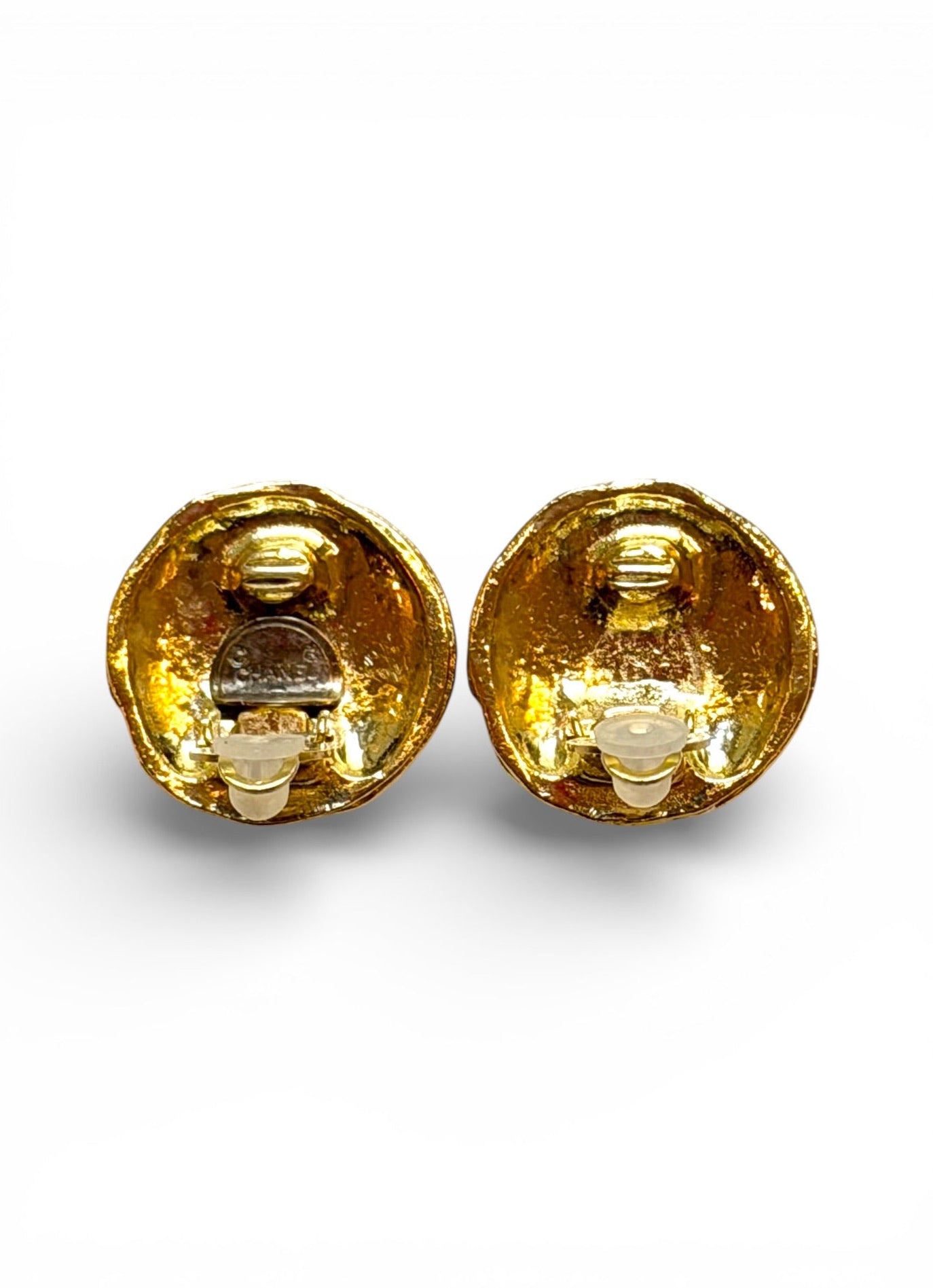 Vintage Chanel Hammered Gold CC Dome Clip Earrings