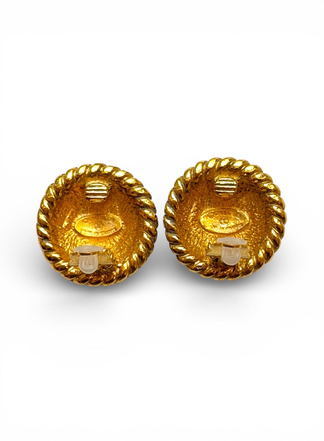 Vintage Chanel CC Dome Double Chain Border Clip Earrings