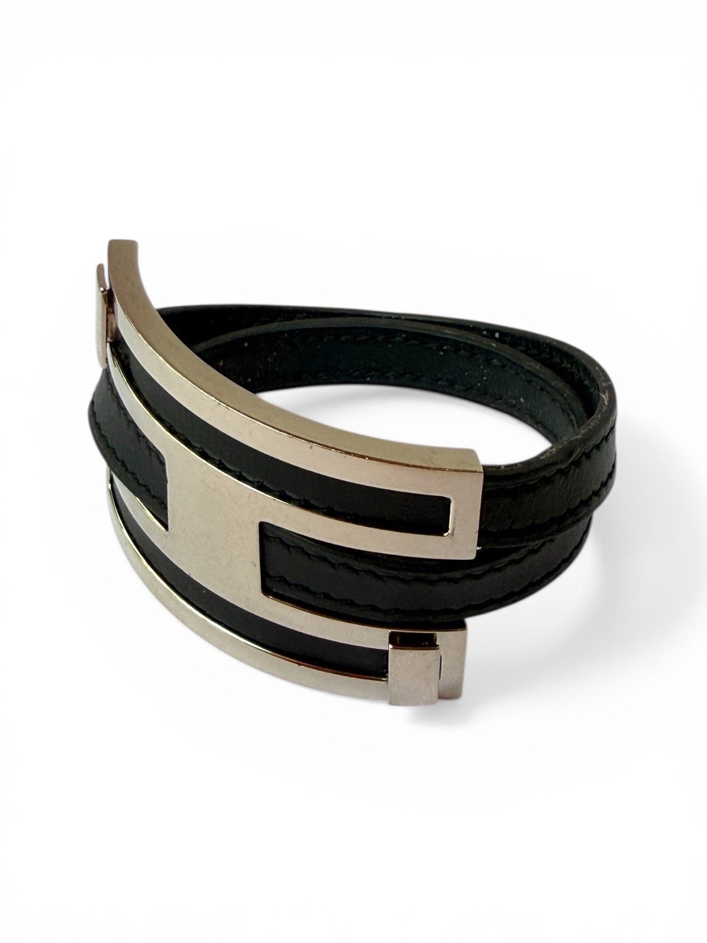 Vintage Hermès Rivale Double Tour Black Leather Bracelet