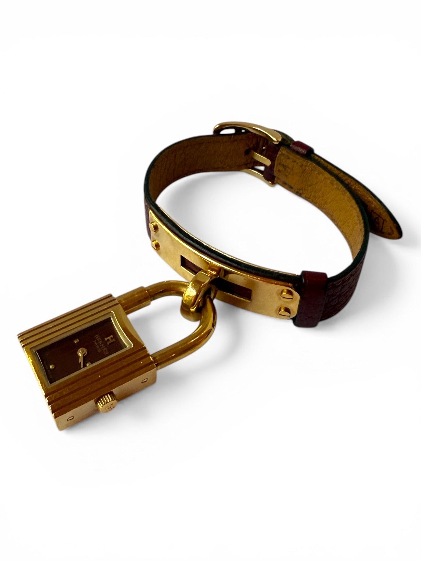 Vintage Hermès Kelly Watch Bordeaux Leather Strap Gold-Tone Padlock