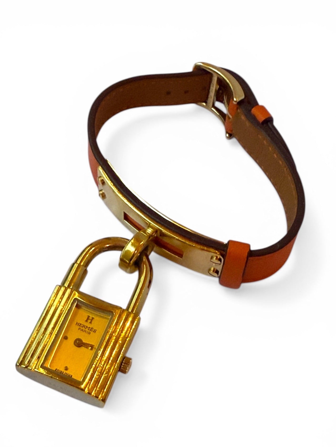 Vintage Hermès Kelly Watch Orange Leather Strap Gold-Tone Padlock