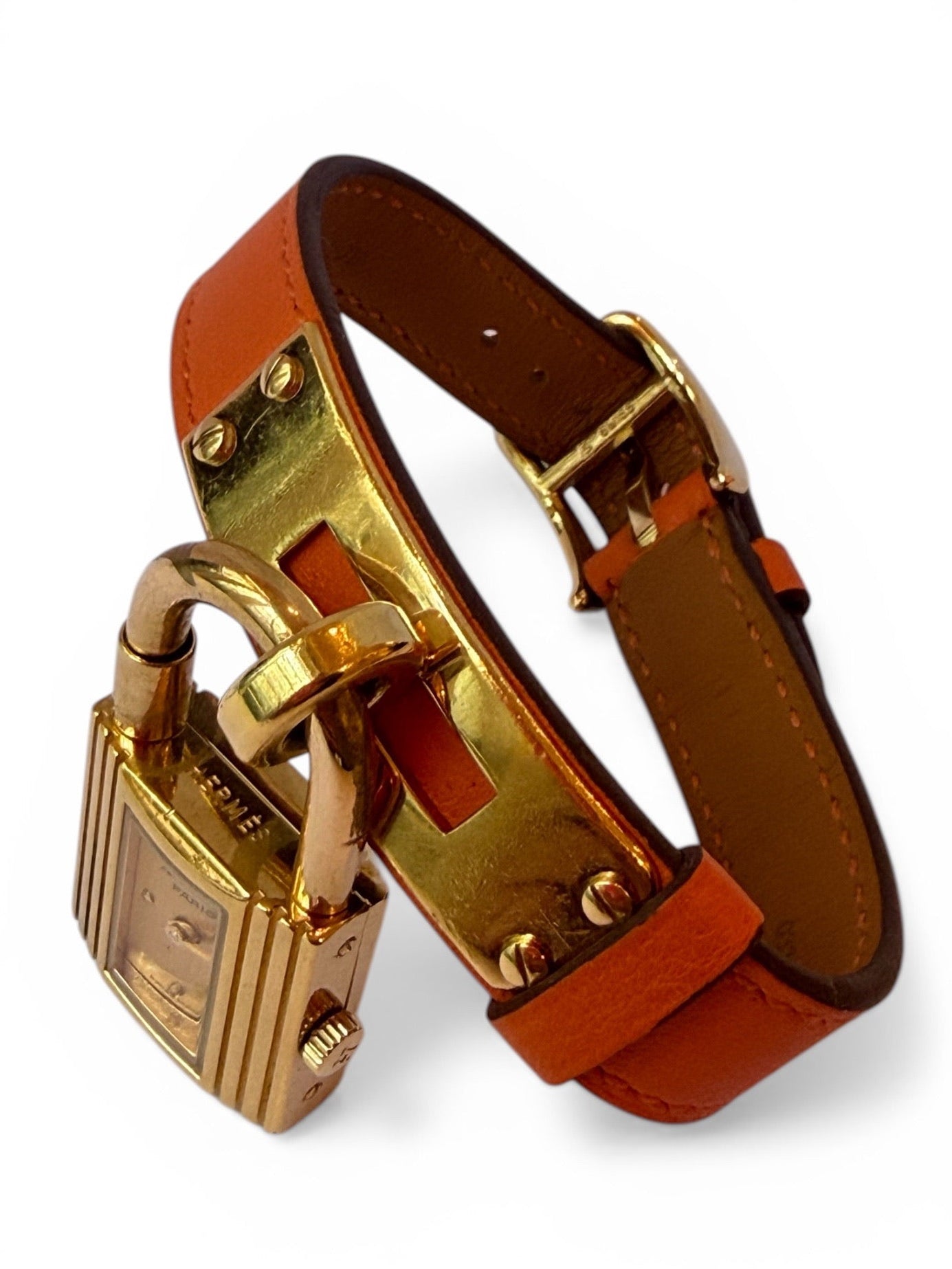 Vintage Hermès Kelly Watch Orange Leather Strap Gold-Tone Padlock