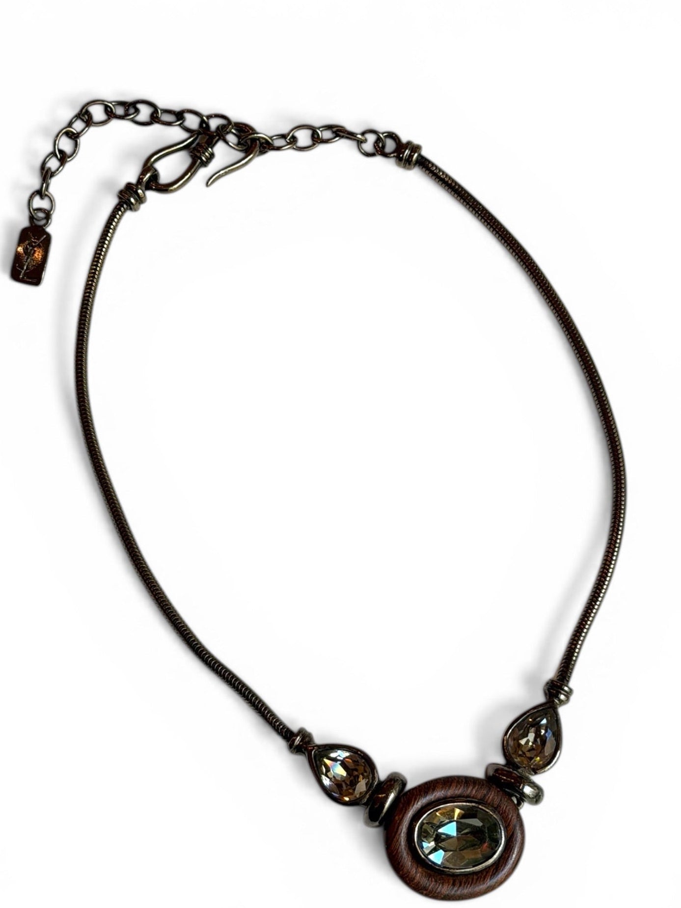 Vintage Yves Saint Laurent Gunmetal Wood & Smoky Crystal Pendant Necklace