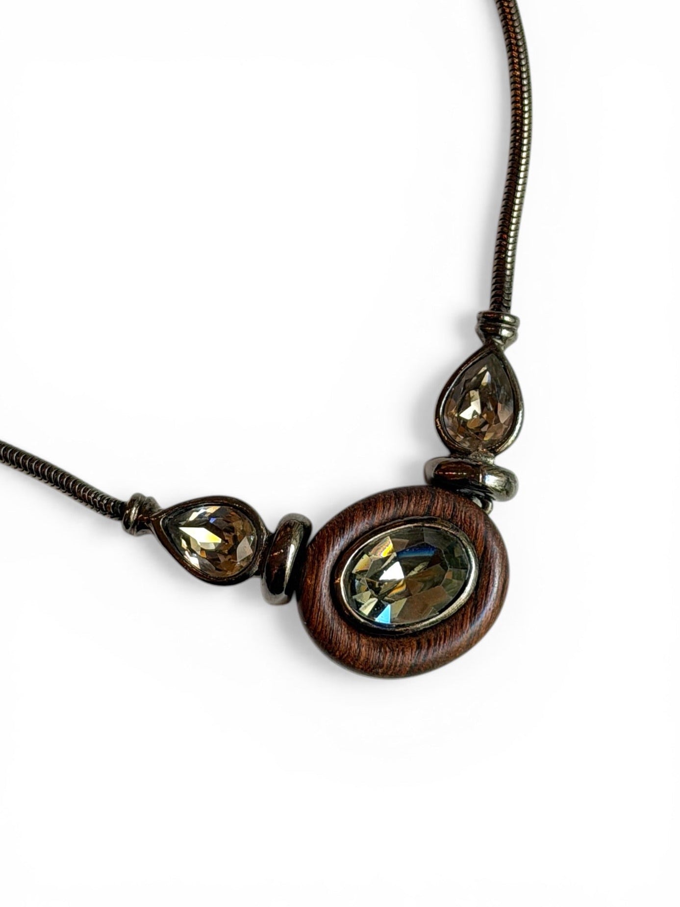Vintage Yves Saint Laurent Gunmetal Wood & Smoky Crystal Pendant Necklace