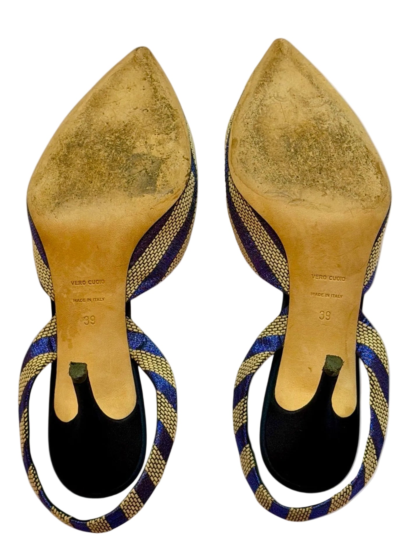 Vintage Olgana Paris Gold & Blue Lurex Striped Slingback Heels