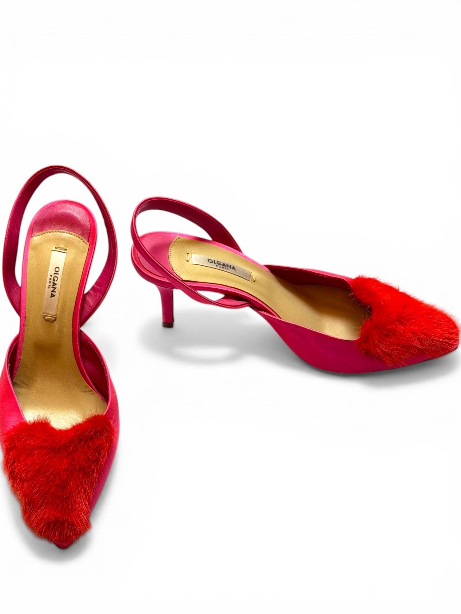 Olgana Paris Pink Satin & Red Fur Heart Pointed-Toe Slingback Heels