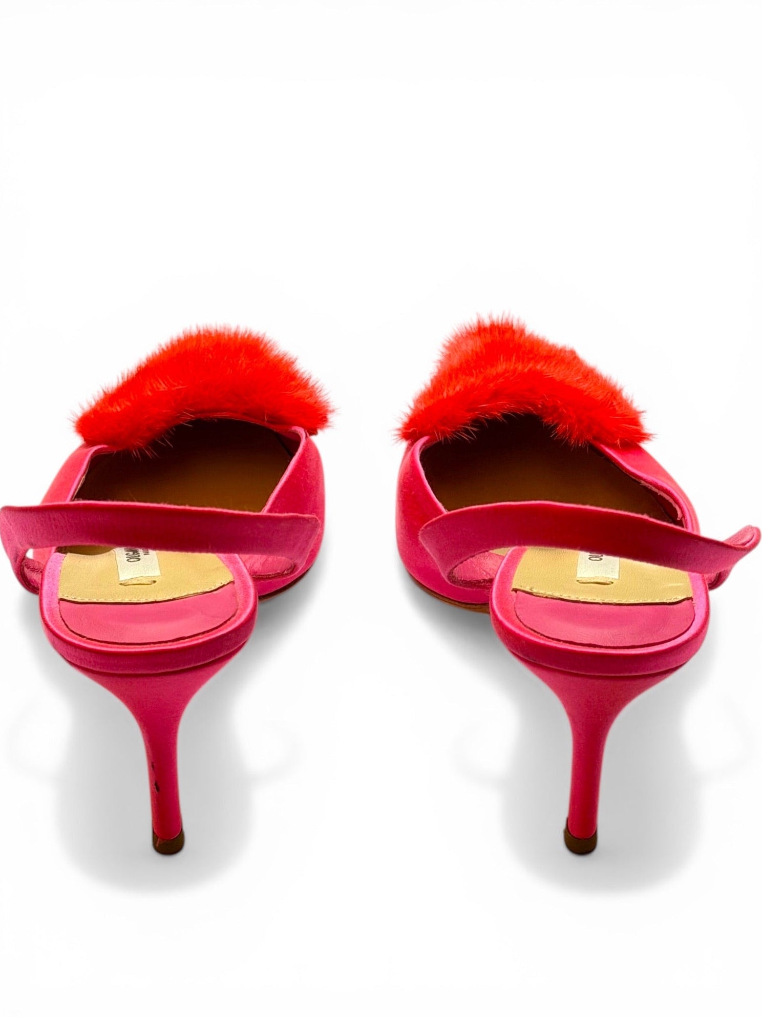 Olgana Paris Pink Satin & Red Fur Heart Pointed-Toe Slingback Heels