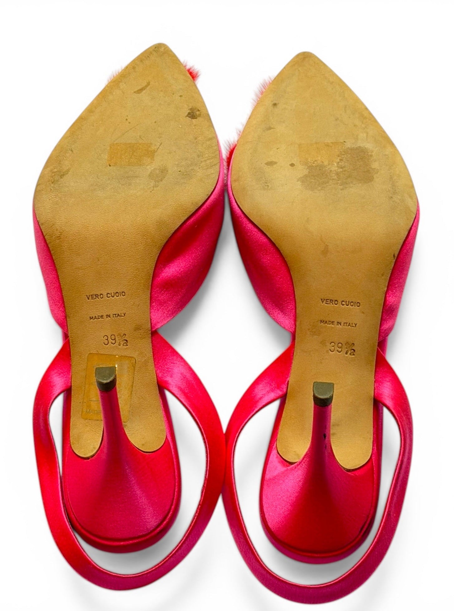 Olgana Paris Pink Satin & Red Fur Heart Pointed-Toe Slingback Heels