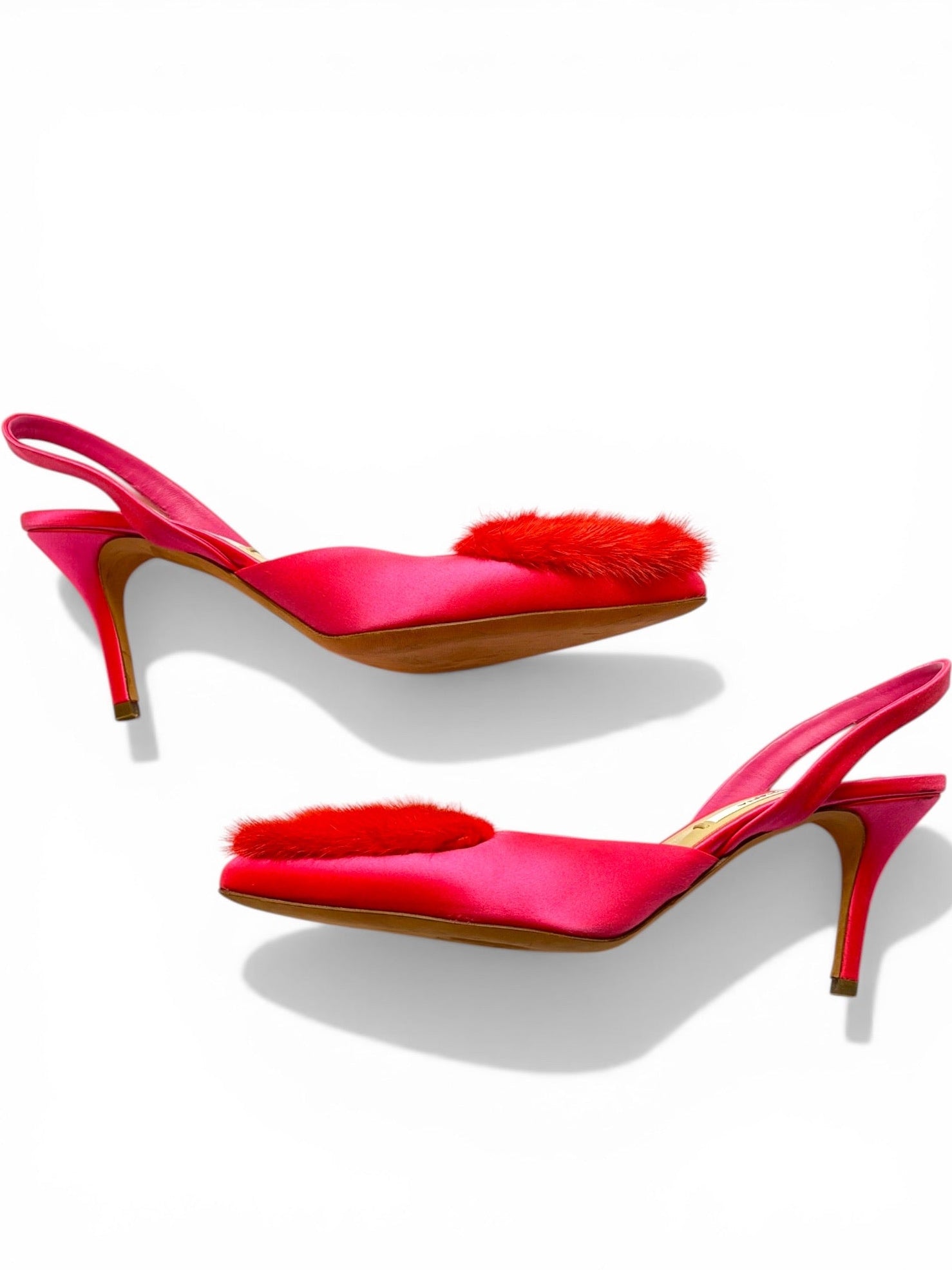 Olgana Paris Pink Satin & Red Fur Heart Pointed-Toe Slingback Heels