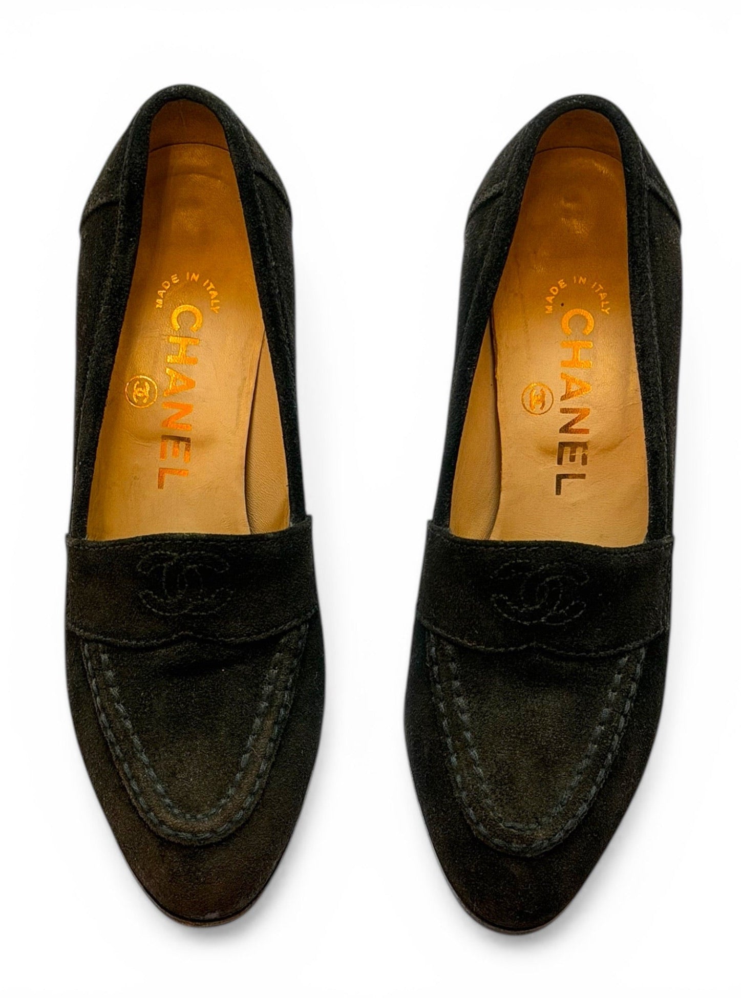 Vintage Chanel Black Suede CC Logo Block Heel Loafer Pumps