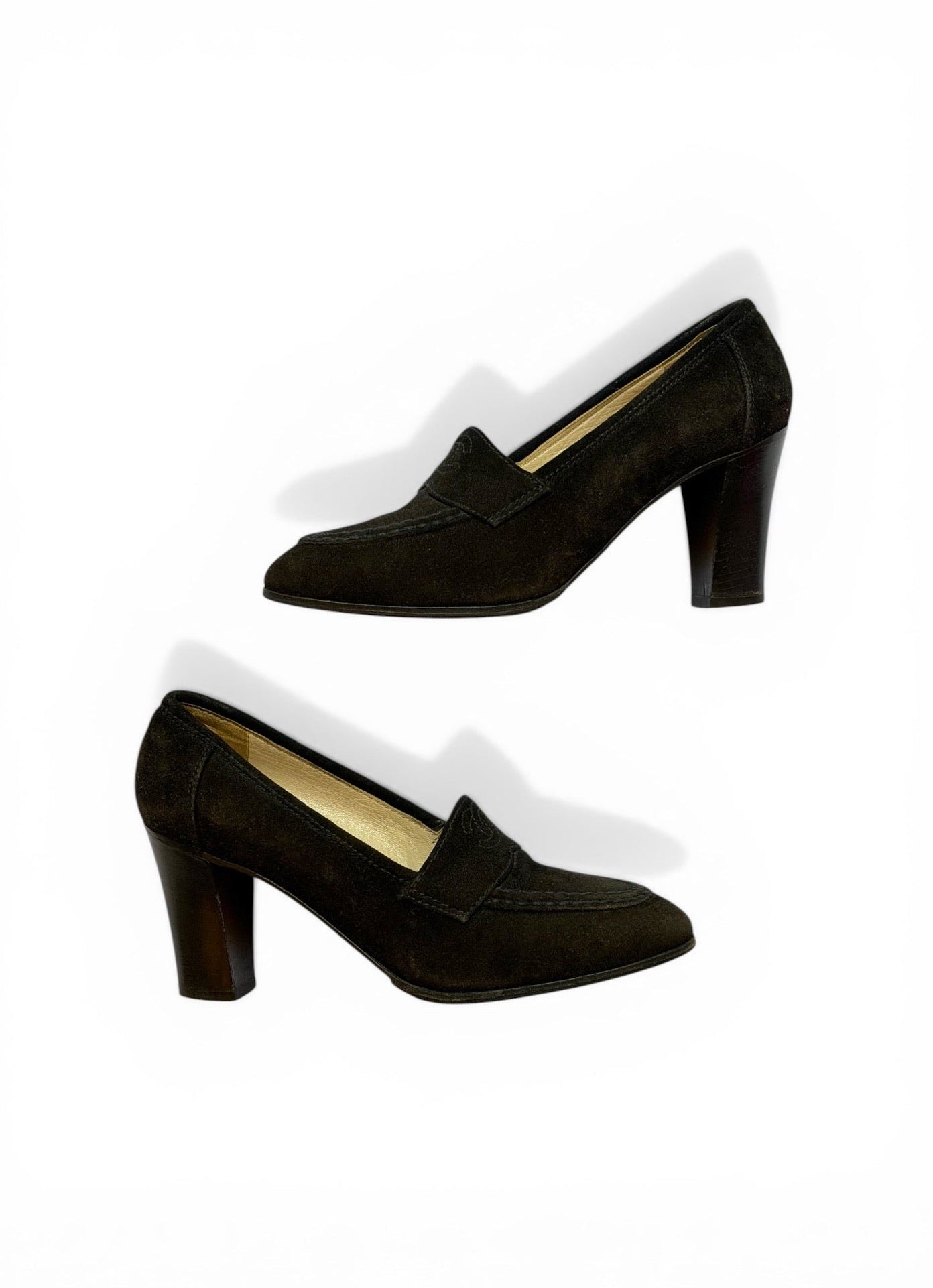 Vintage Chanel Black Suede CC Logo Block Heel Loafer Pumps