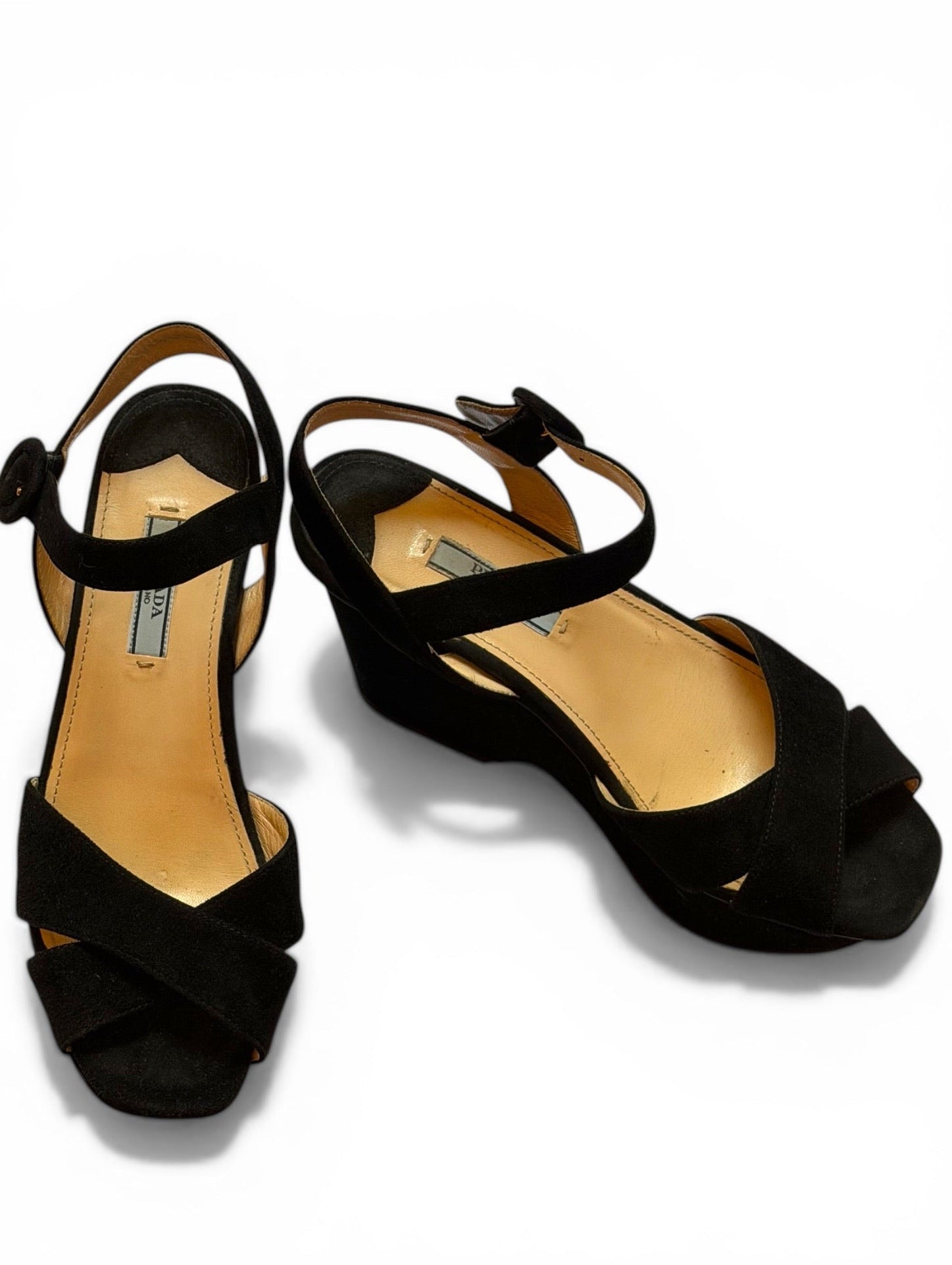Vintage Prada Black Suede Platform Wedge Sandals
