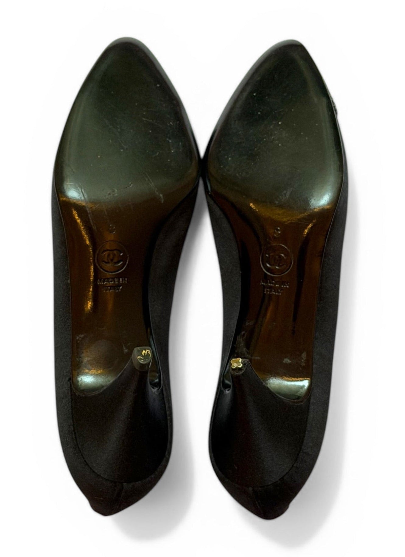Vintage Chanel Black Satin Lizard Cap-Toe Kitten Heel Pumps