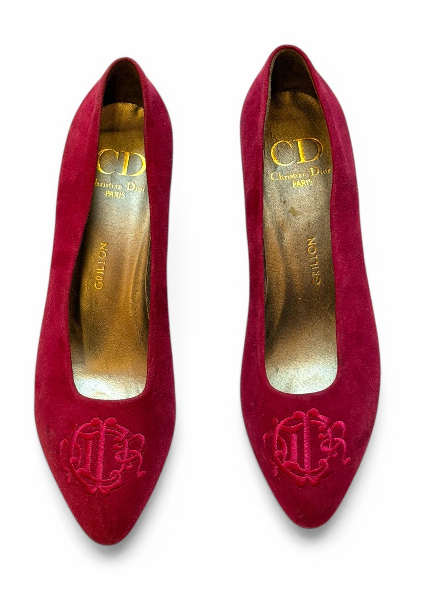 Vintage Christian Dior Paris Fuchsia Suede CD Embroidered Pumps