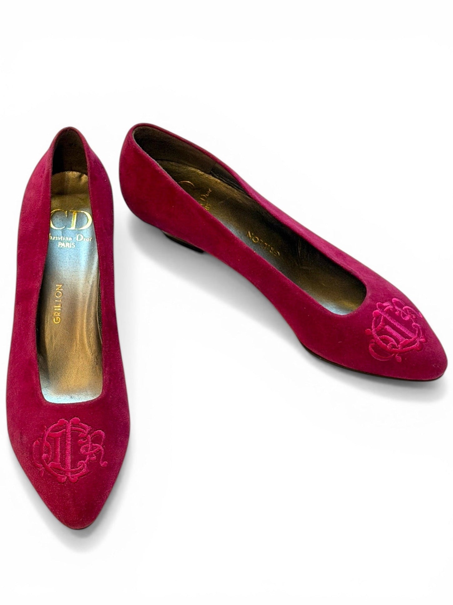 Vintage Christian Dior Paris Fuchsia Suede CD Embroidered Pumps