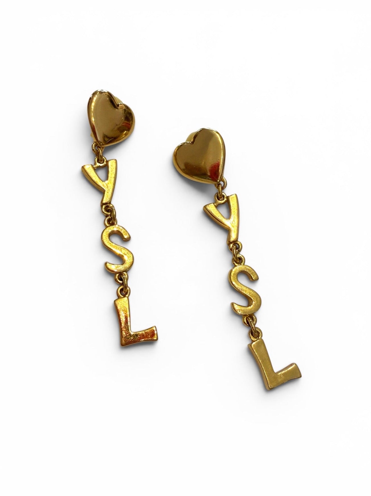 Vintage Yves Saint Laurent Gold-Tone YSL Letter Drop Clip-On Earrings with Heart Stud