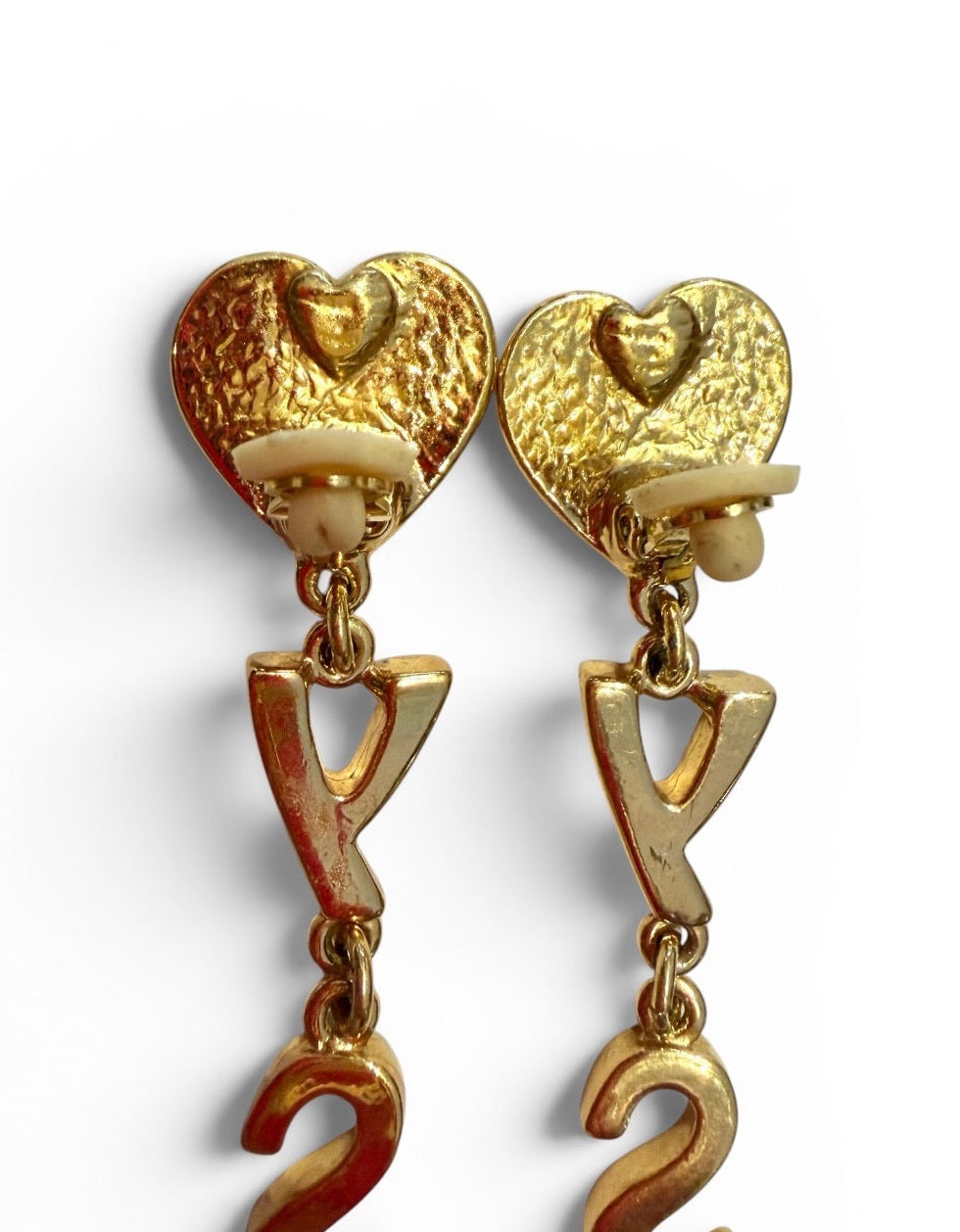 Vintage Yves Saint Laurent Gold-Tone YSL Letter Drop Clip-On Earrings with Heart Stud