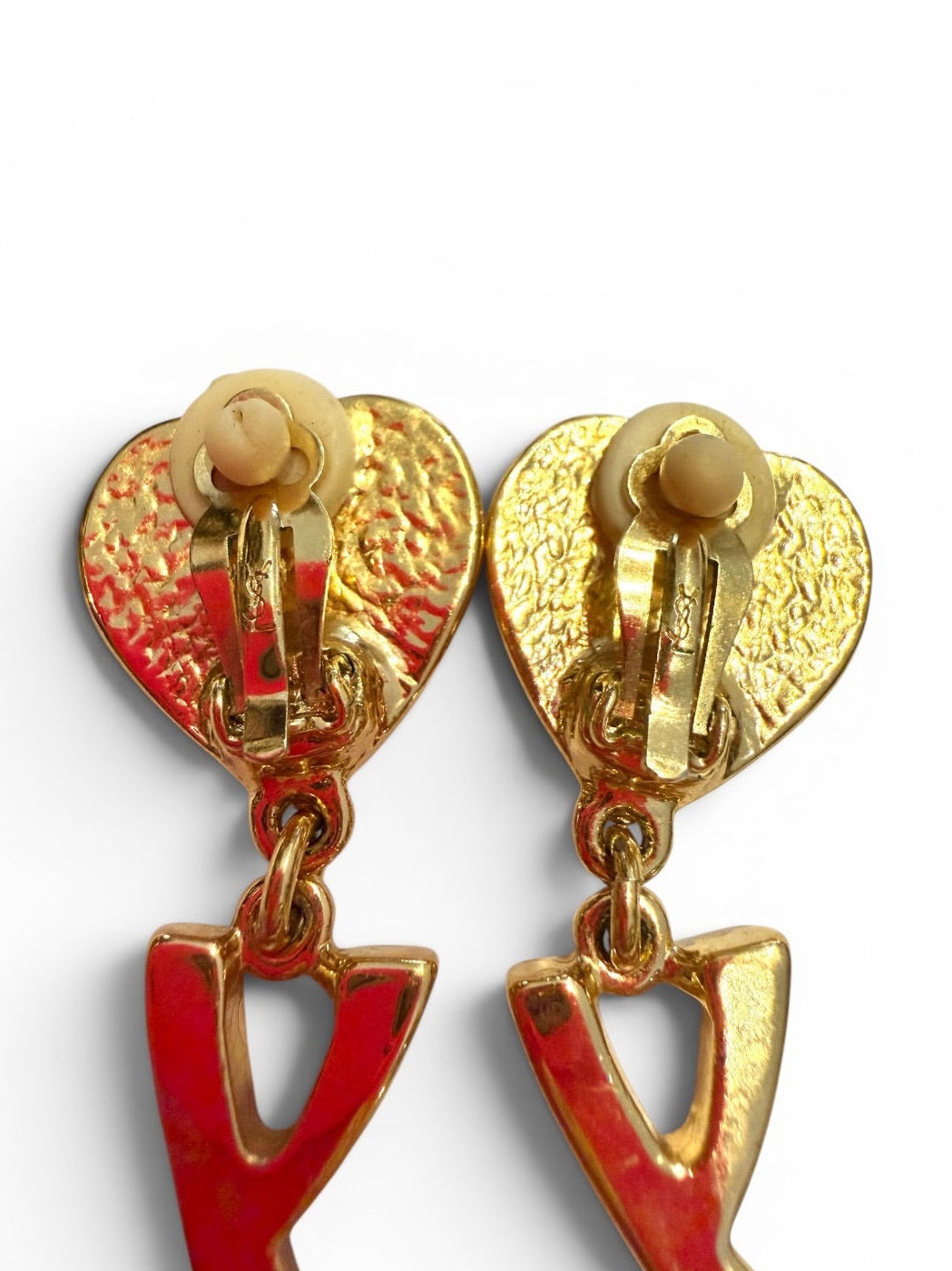 Vintage Yves Saint Laurent Gold-Tone YSL Letter Drop Clip-On Earrings with Heart Stud