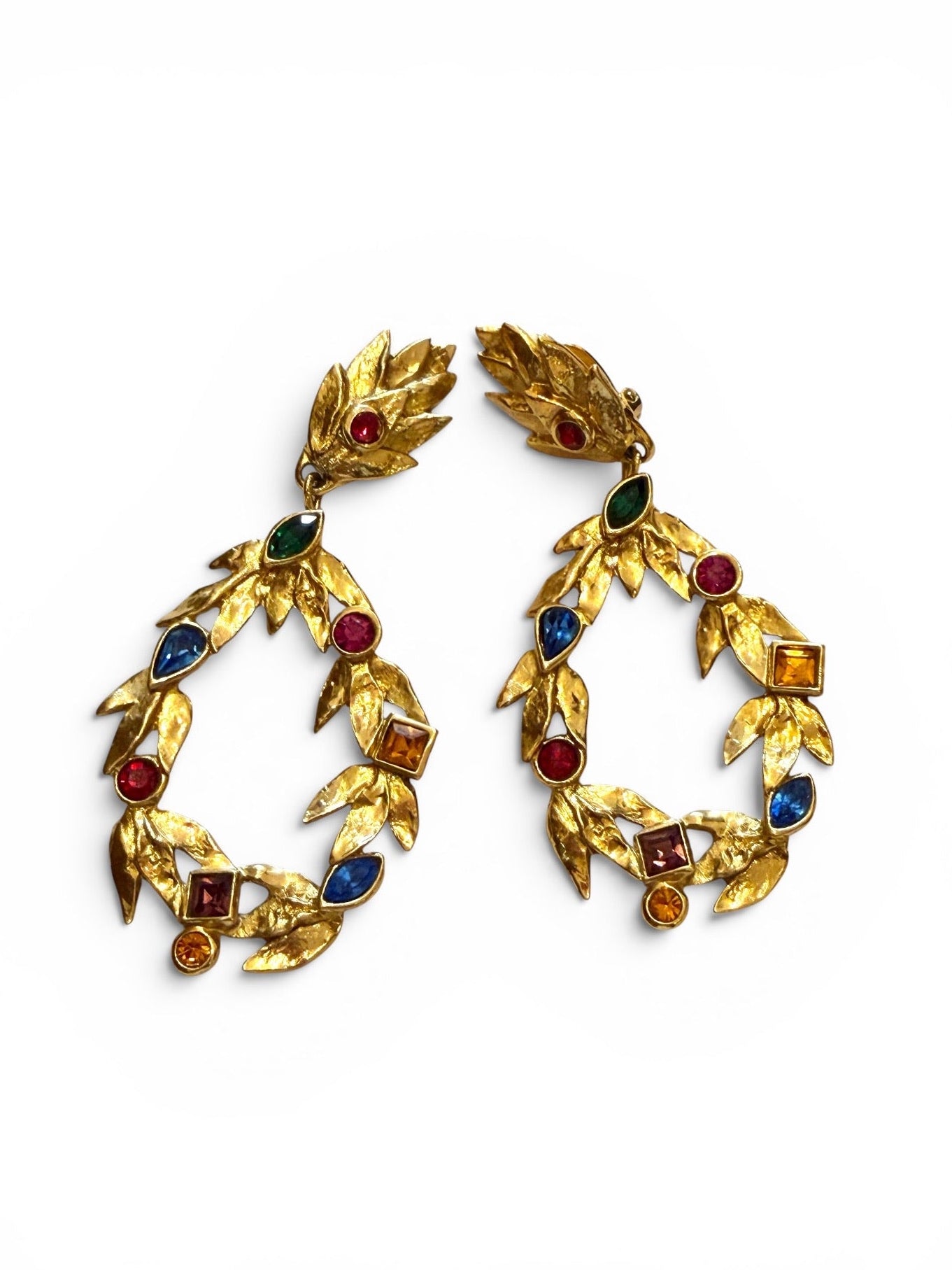 Vintage Yves Saint Laurent Gold-Tone Laurel Wreath Multicolour Crystal Drop Clip-On Earrings