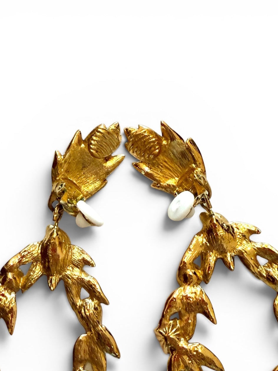 Vintage Yves Saint Laurent Gold-Tone Laurel Wreath Multicolour Crystal Drop Clip-On Earrings