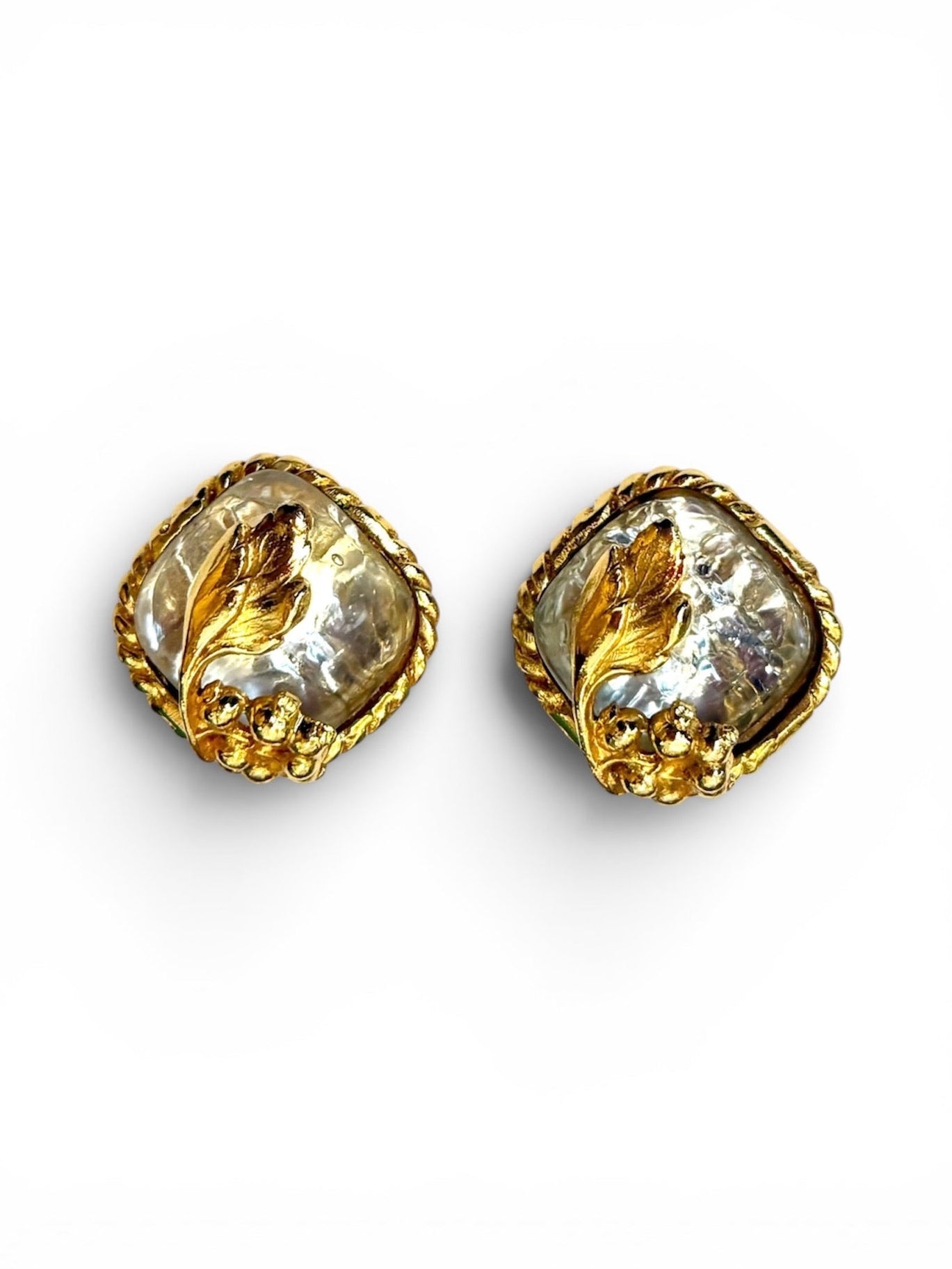 Vintage Dominique Aurientis Paris Gold-Tone Baroque Pearl & Leaf Clip-On Earrings